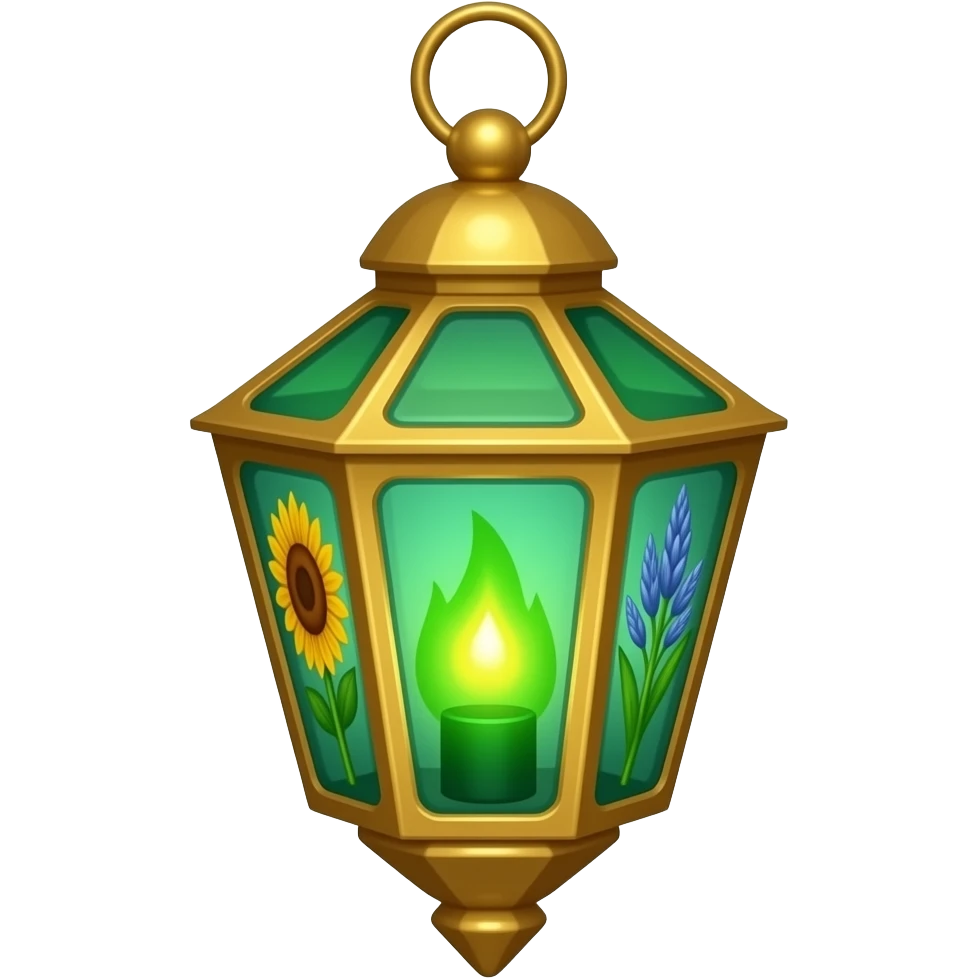 A golden hanging lantern with a bright emerald flames, an empty loop on top, sunflower & asphodel themed design, but simple focus more on the green flames, paint the glass more green, have its bottom point come to some sort of point emoji