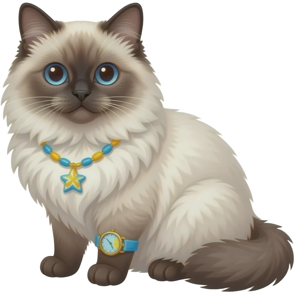 Ragdoll cat with beach necklace and a summer w emoji