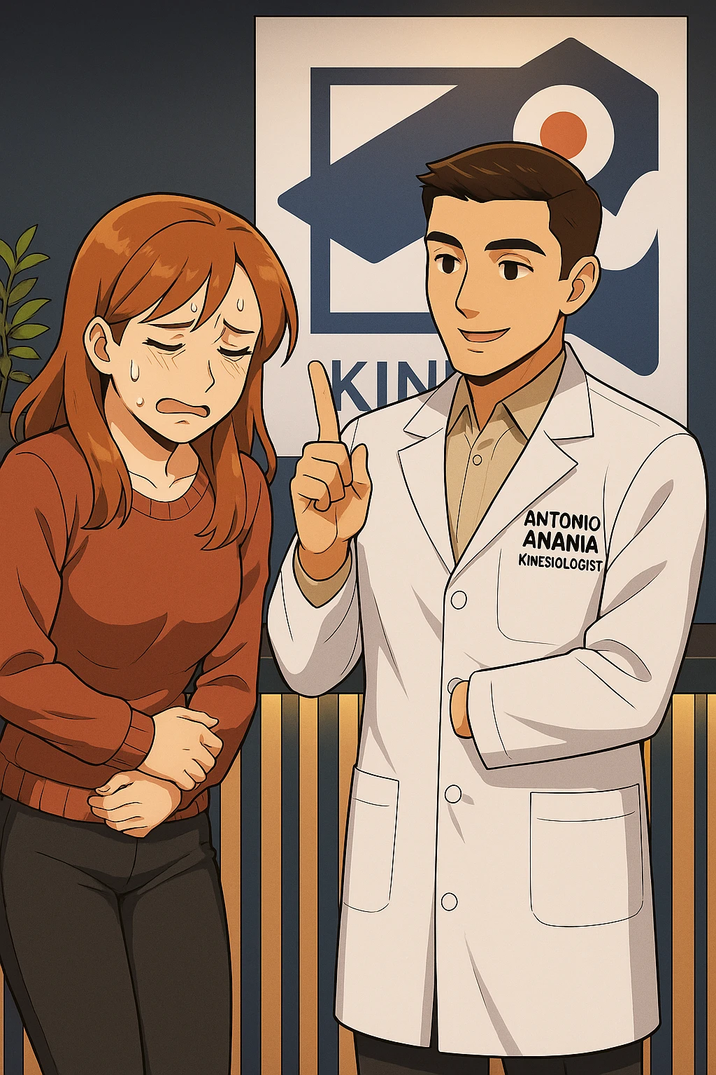 su questo stile fai un manga/webtoon a colori in cui una donna PREOCCUPATA FA UNA DOMANDA ALL'UOMO, l'uomo della foto in stile manga LE DICE DI "NO" CON IL DITO, mantieni un ambiente simile alla foto che ho allegato con il suo logo (sarebbe il suo studio, lui è un kinesiologo), scrivigli "ANTONIO ANANIA" sul camice bianco, non mettere fumetti, ma fai in modo che sembri che la donna CHIEDA ALLARMATA E L'UOMO LA TRANQUILLIZZI emoji