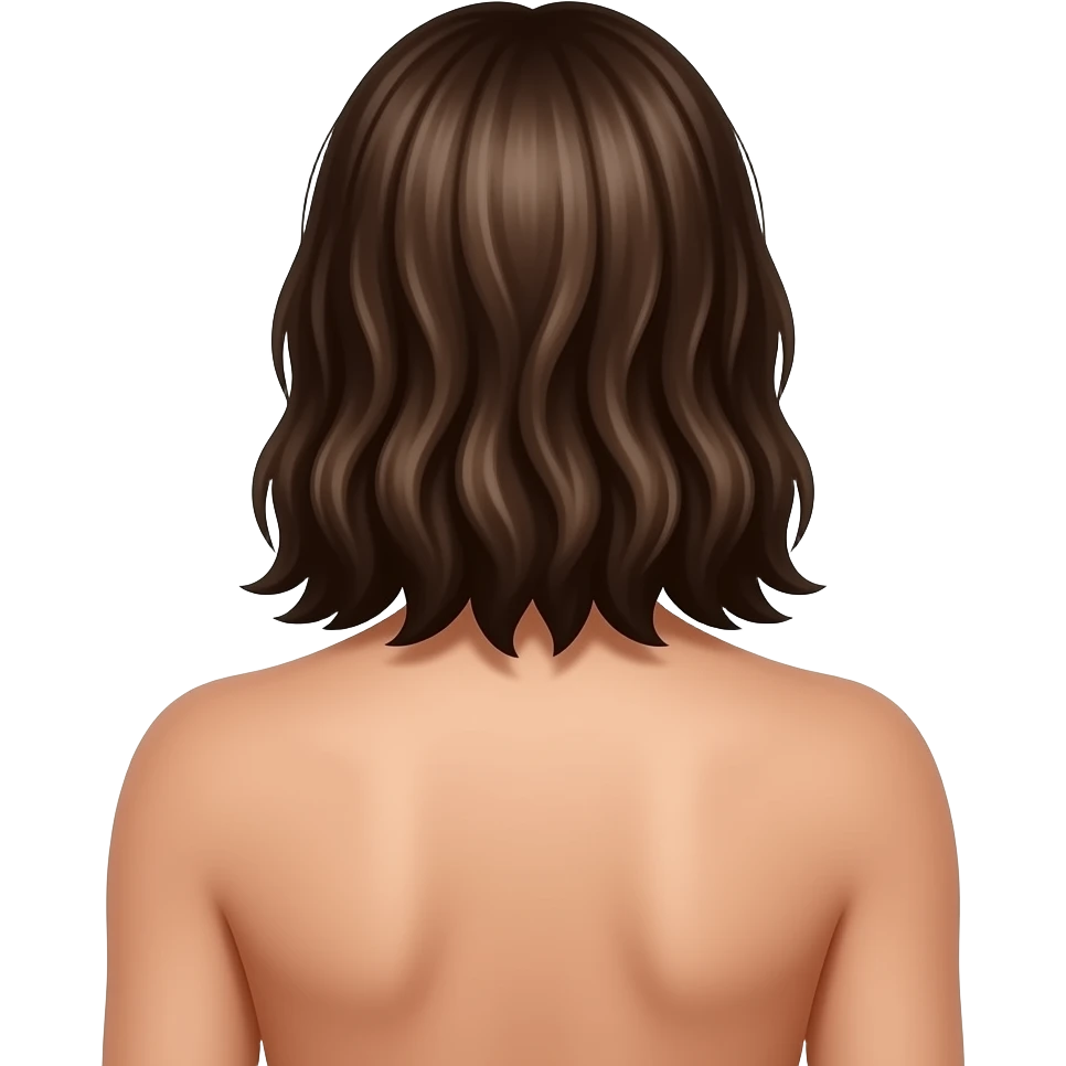 Back view of a woman with bare upper back, hair worn down naturally over the back, smooth clear skin with minimal blemishes, visible shoulder blades and subtle spine definition, neutral posture, soft natural lighting emoji