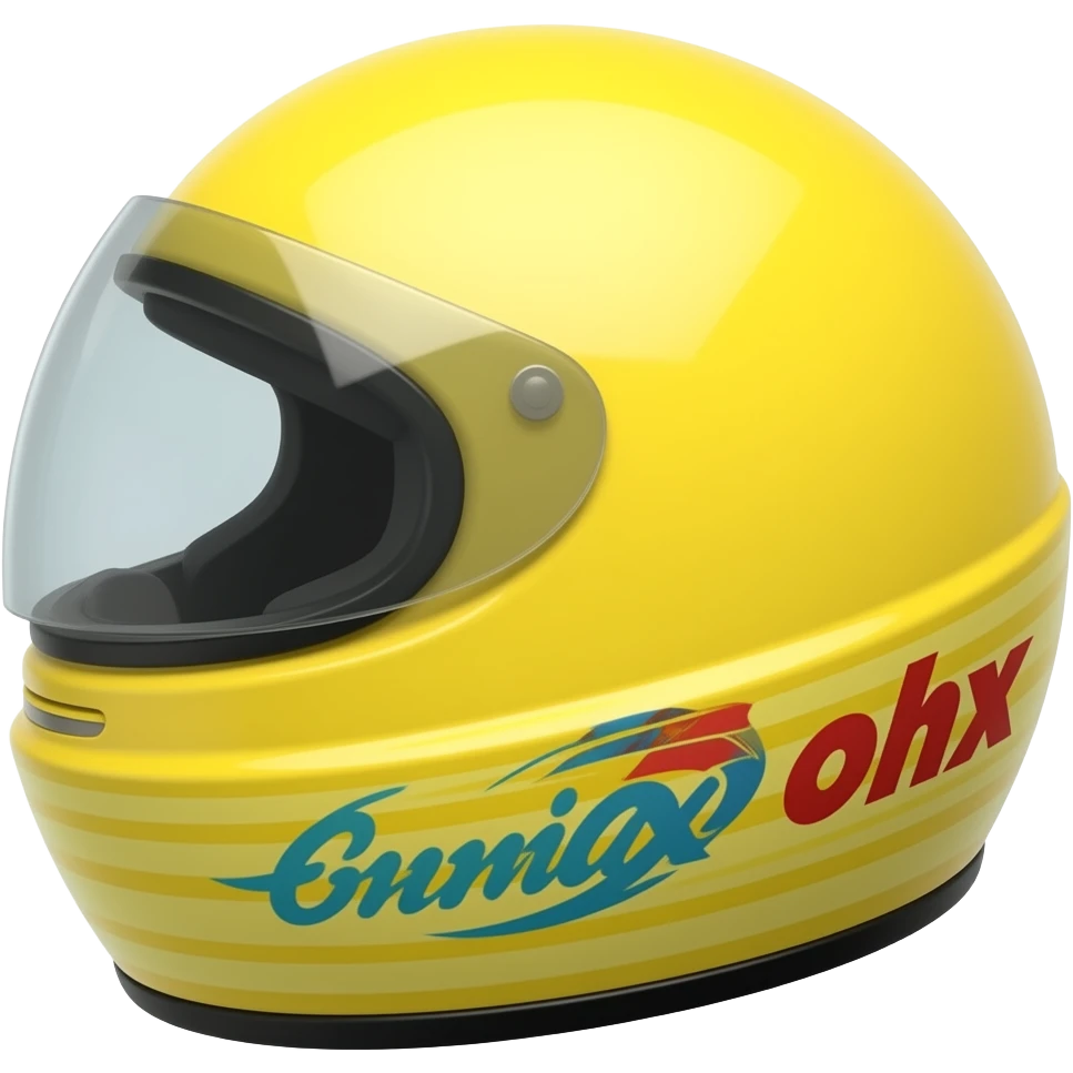 A scene of a yellow ball with helmet window with racing car sponsors emoji