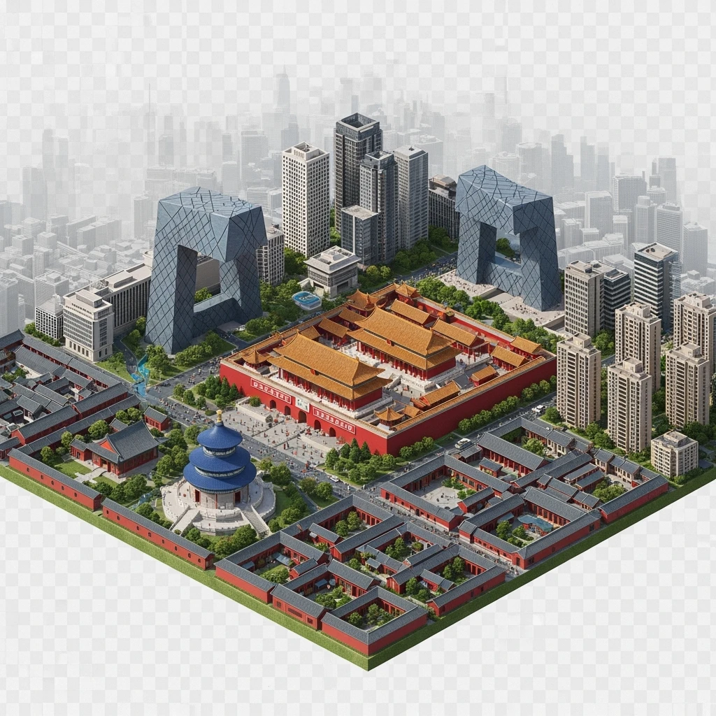 Isometric miniature of Beijing Forbidden City, Tiananmen Square, CCTV Headquarters, Temple of Heaven, and crowded hutong alleys, sprawling apartment blocks, smoggy skyline, 3D miniature effect and Tilt Shift effect, no cartoonish look, transparent background. emoji