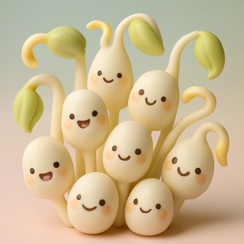 a bunch of bean sprouts with cute faces, fondant cake art style, pastel palette, no text emoji