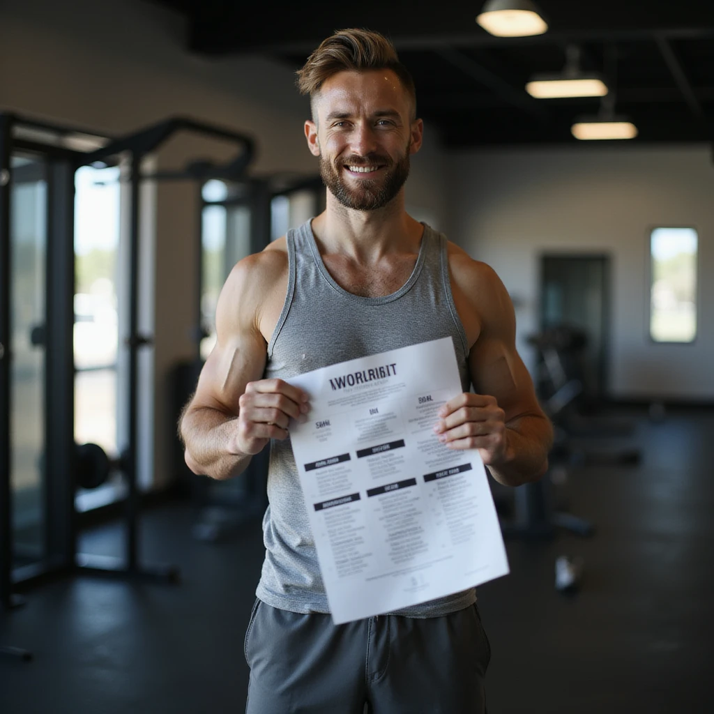 realistic man in gym changing workout plan sheet, wearing sportswear, holding a new workout plan sheet while handing over or putting away the old one, modern gym atmosphere, hyperrealistic details, 4K resolution, focused or satisfied expression emoji