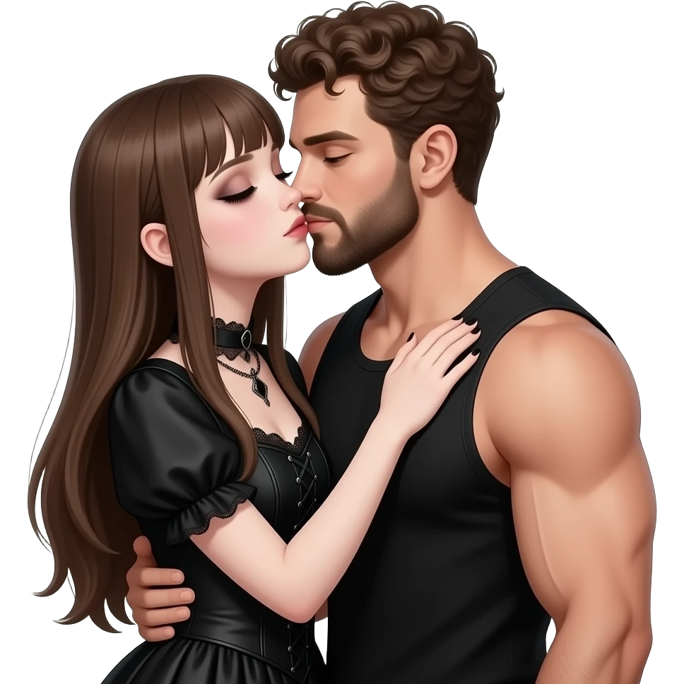 realistic sexy pale skin long straight brown hair girl brown eyes long face wearing gothic dress and gothic makeup HD and her muscular man short brown curly hair and beard hugging and kissing emoji