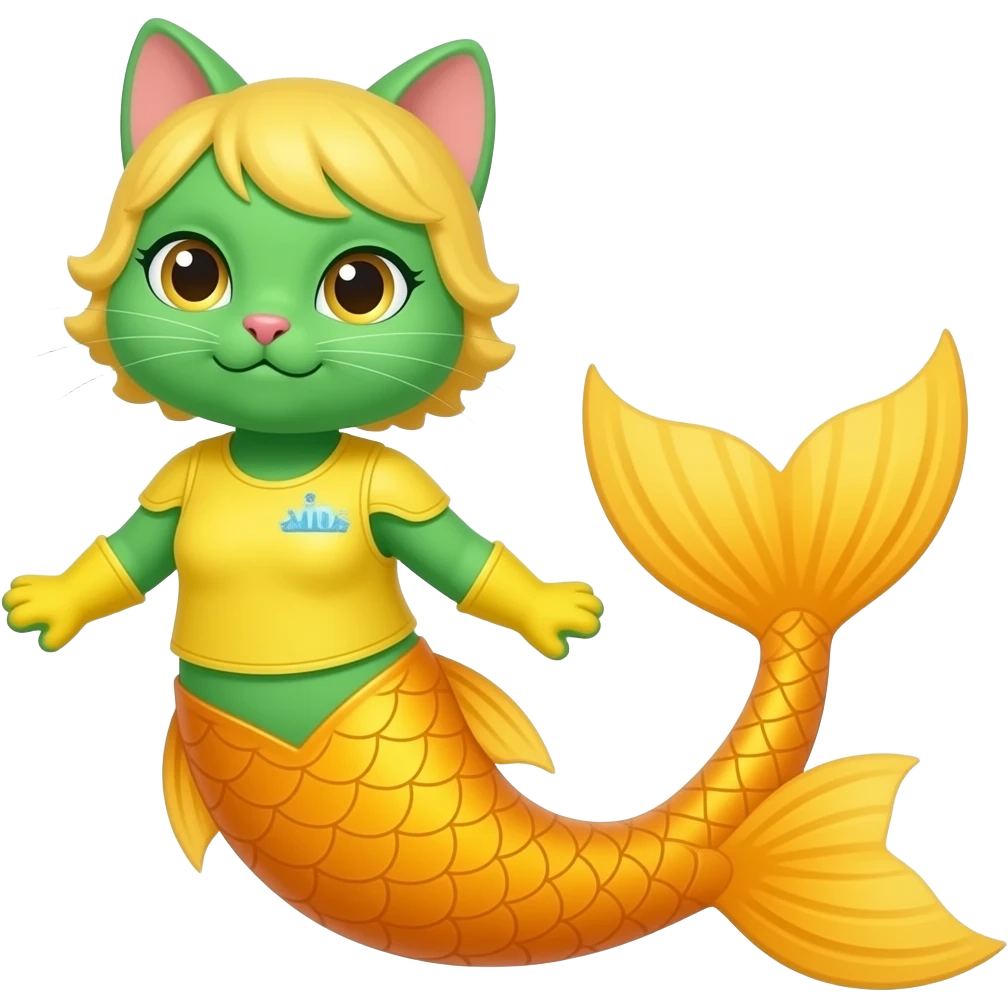 Green and orange cat yellow mermaid tail with orange fins and yellow gloves  yellow hair yellow wetsuit emoji