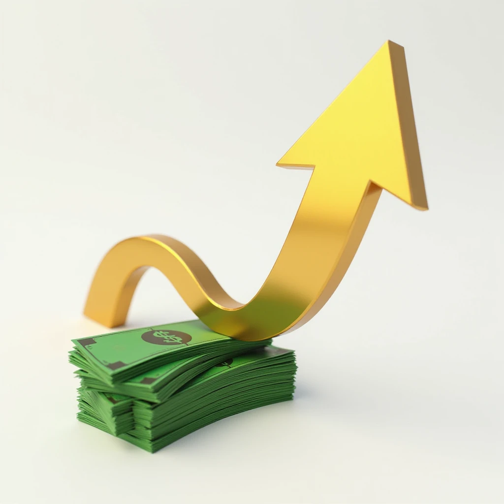 photorealistic 3D golden arrow pointing to the right with a stack of exciting green money beside it emoji