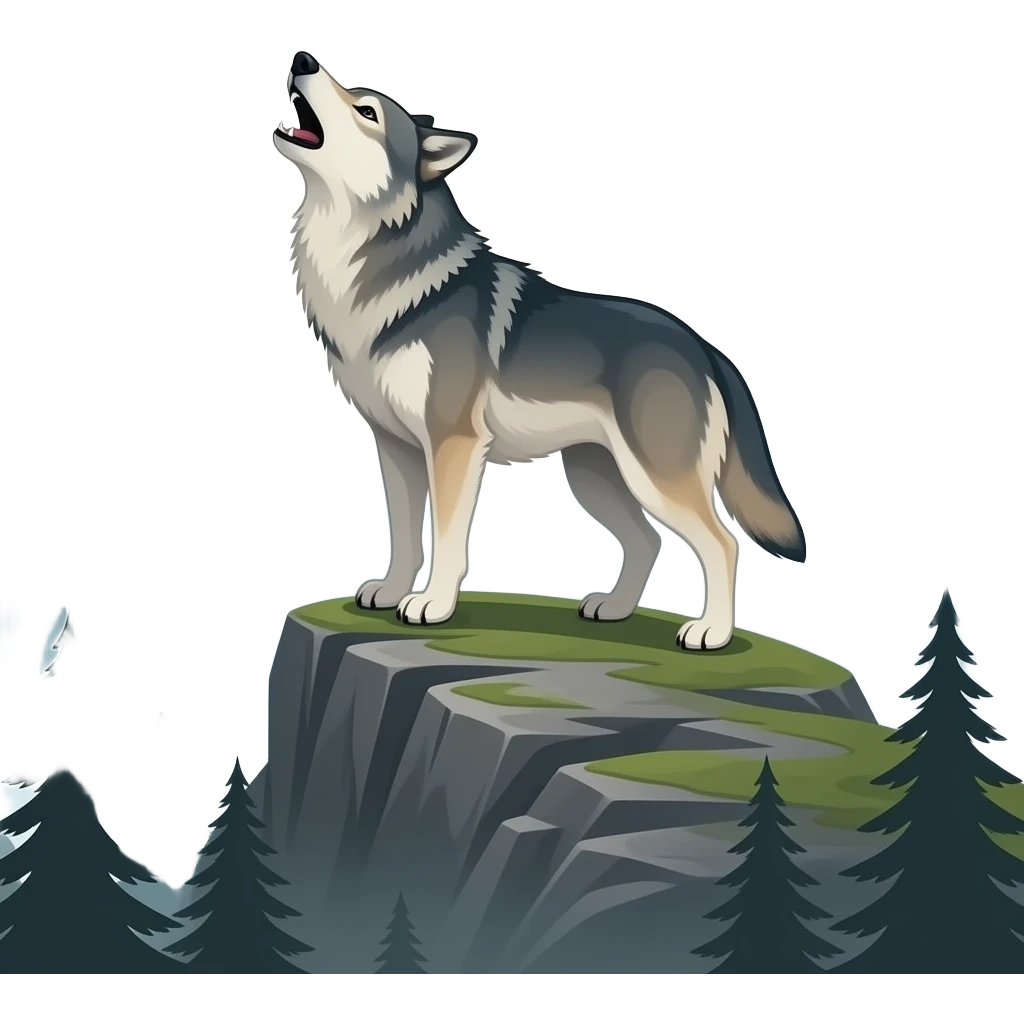 Sisli bir havada Dağların üstündeki ormanda yüksek kayanın üstünde dolunaya karşı uluyan kurt emoji