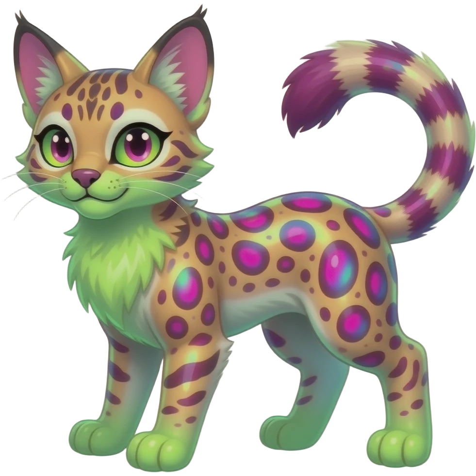 Colorful dark neon-lime-green with neon-magenta, pastel-rose-pink iridescent nebulae gloomy edgy spooky evil tropical ruby exotic cute cool beautiful shiny beautiful fantasy-caracal-civet-genet-sergal-vernid-serval-Gryphon-Cacomistle-Trico-oncilla-animal-Fakémon-hybrid-fursona (full body) emoji