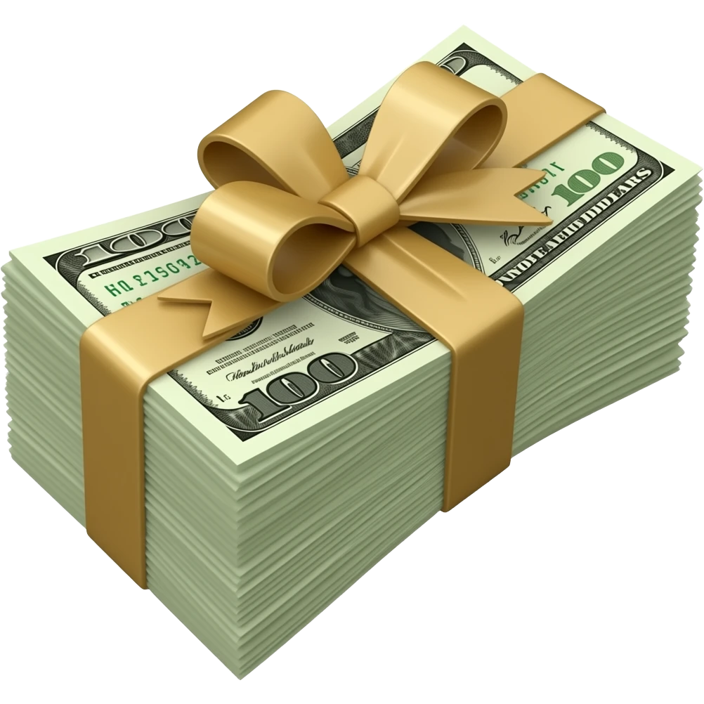 Un gran fajo de billetes de dollars envuelto con un lazo grande en color beige emoji