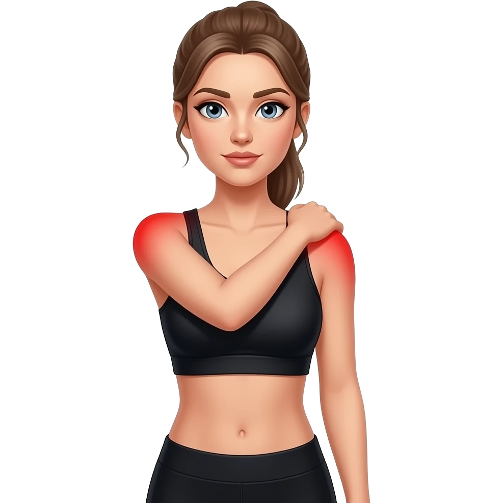 shoulder pain, red glow on shoulders, woman holding one shoulder, fair-skinned woman, gray-blue eyes, ash brown brows, ash light brown hair tied back, slim athletic body, black workout set, white background emoji
