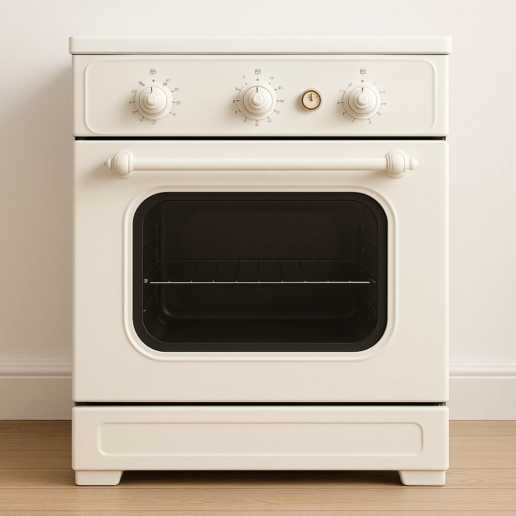 white kitchen oven, classic style, with knobs and oven window emoji