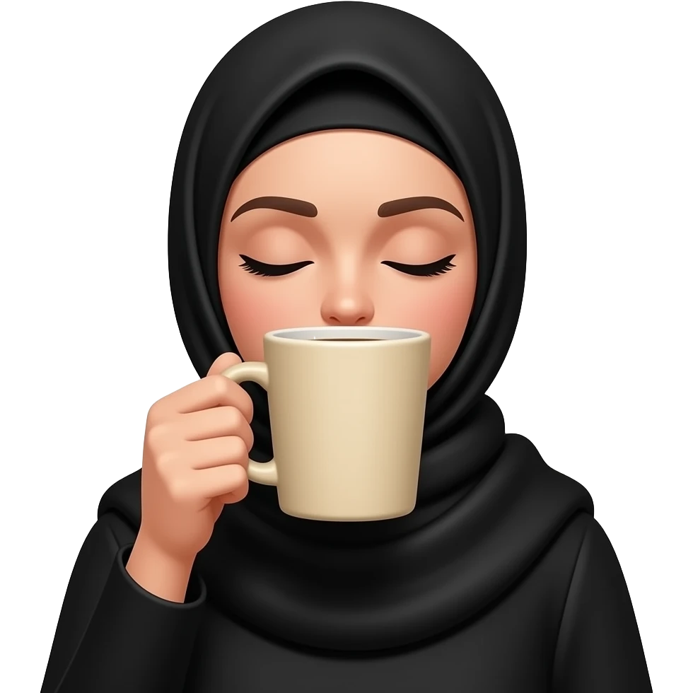 create me a hijabi with coffee wearing black and she’s covering her face with the coffee cup and closing her eyes and the coffee cup needs to be beige emoji