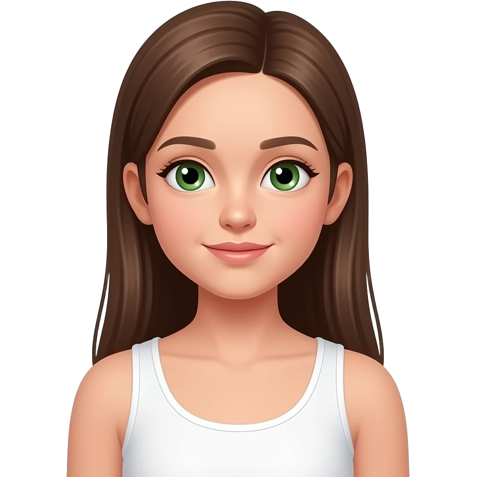 jeune fille au cheveux lisse long et brun et aux yeux vert avec un débardeur blanc emoji
