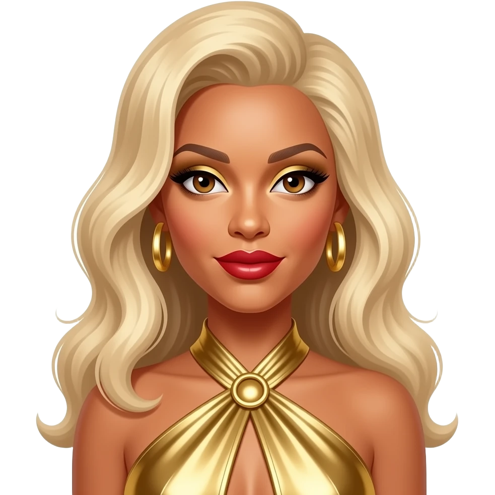 Beyonce with hazel eyes, long blonde 60s beehive hair, gold eyeshadow, red lipstick, gold metallic halter dress, gold earrings emoji