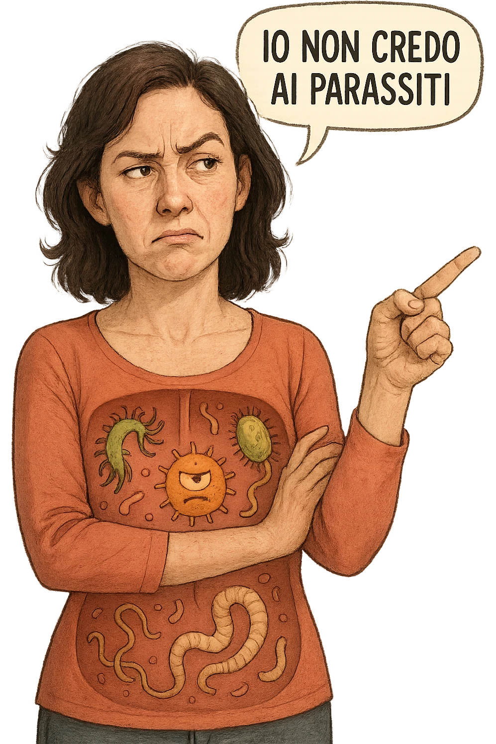 Donna con parassiti nel corpo che dice "Io non credo ai parassiti" emoji