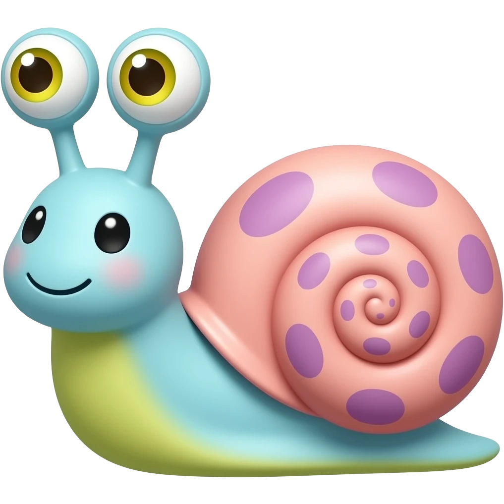 Gary the snale,  eyes on the top of his antenna with the colors being dull light blue for the body and light yellow green at the bottom. eyes are also light yellow green with orange pupils. shell is light pink with dull purple spots emoji