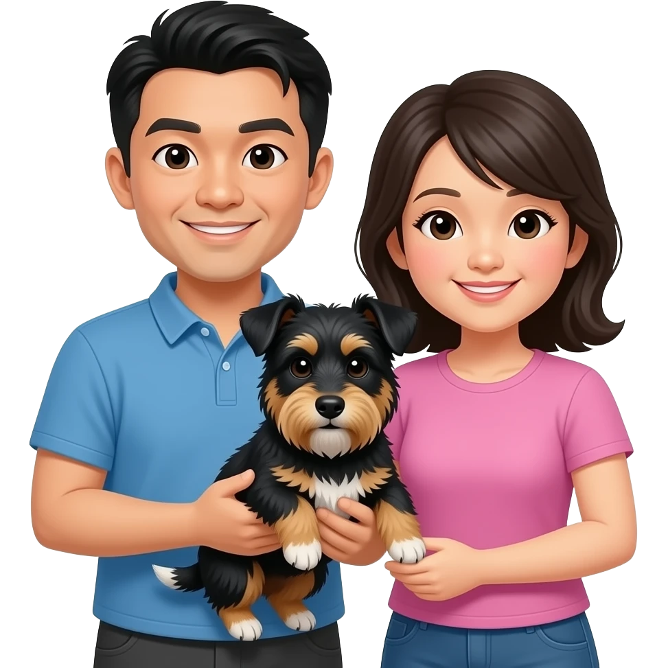 Asian couple holding black mixed terrier dog emoji