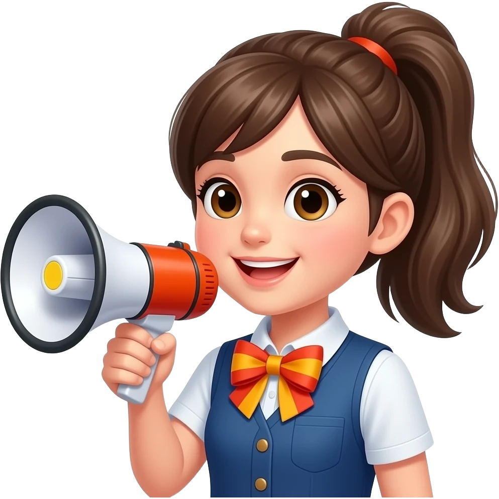A pretty, fair-skinned high school girl with her hair tied up in a high ponytail, holding a megaphone and wearing a brightly colored bow. emoji