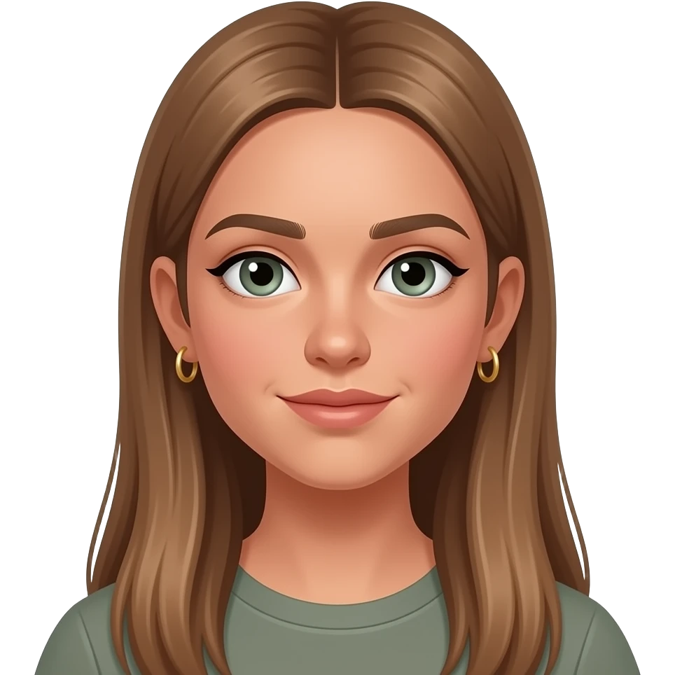 17 year old girl with very long very straight light brown hair, grey-green eyes, tan skin, two sets of small gold hoop earrings emoji