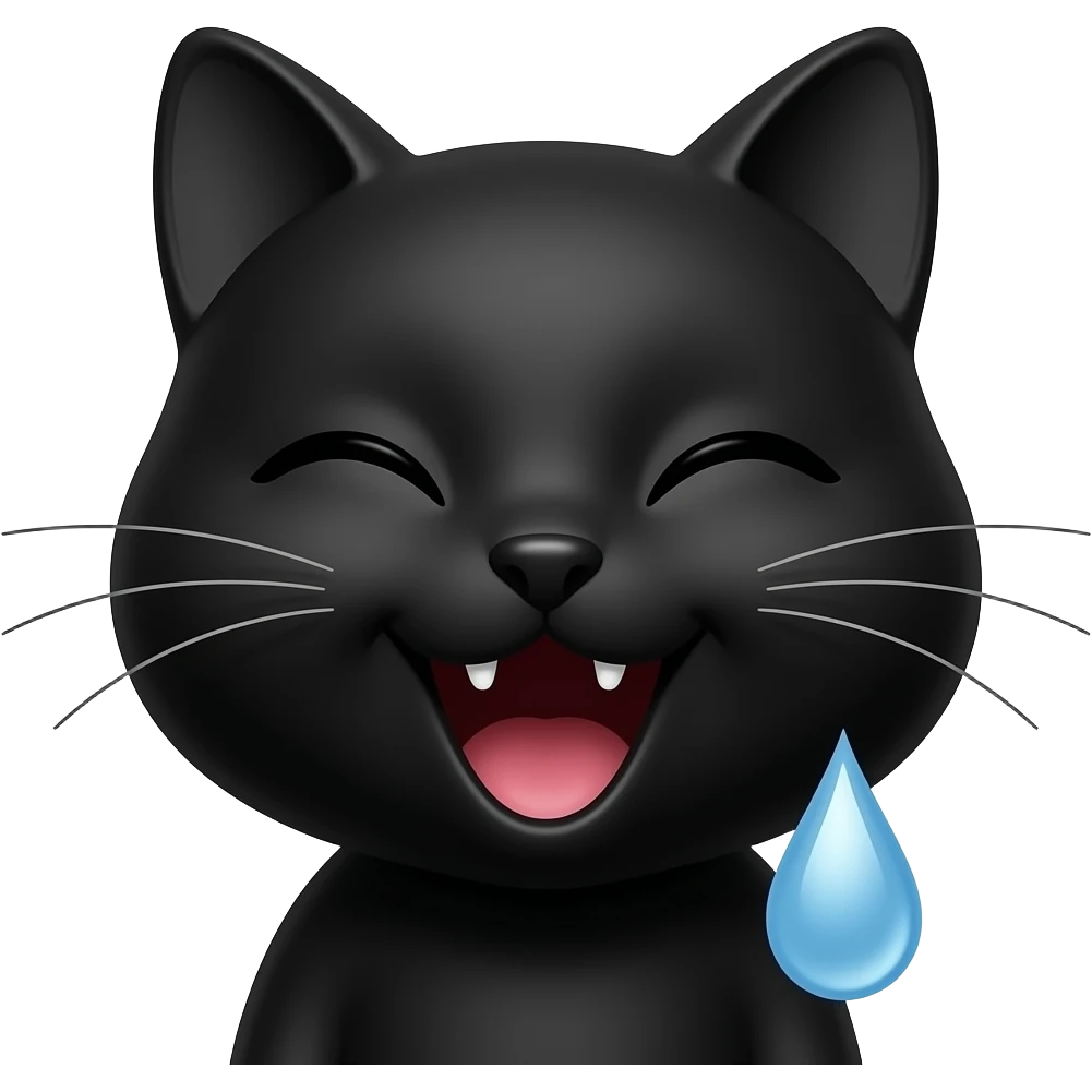Black cat open mouth smile eyes closed sweat drop face emoji
