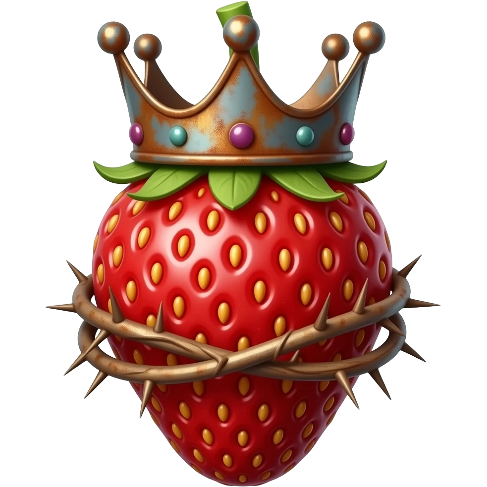 a rusty strawberry that has a rusty, richly decorated royal crown instead of a stem. A crown of thorns is wrapped around the strawberry's body  that spins around its body emoji