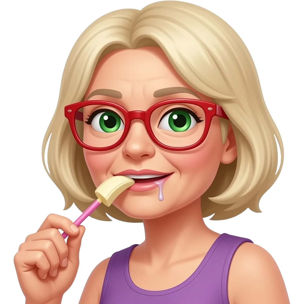 Lizanie banana przez starszą  kobietę i szczuplejszej  twarzy na patyku w kolorze różowym językiem włosy blond zielone oczy i okulary w kolorze czerwonym, kapiąca ślina emoji