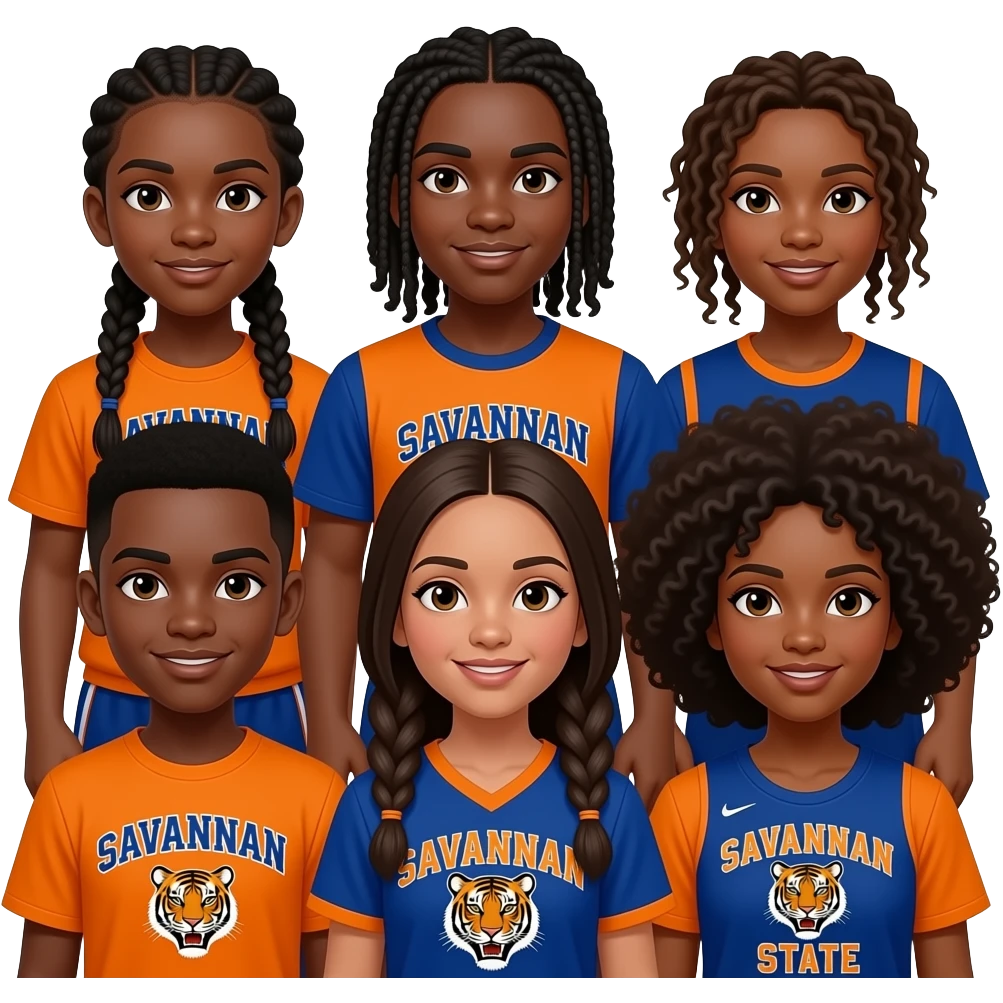 Group of hbcu brown skin 5 boys 5 girls wearing orange and blue Savannah state tigers student braids corn rolls dreads curky hair Afro emojis like 10 emoji