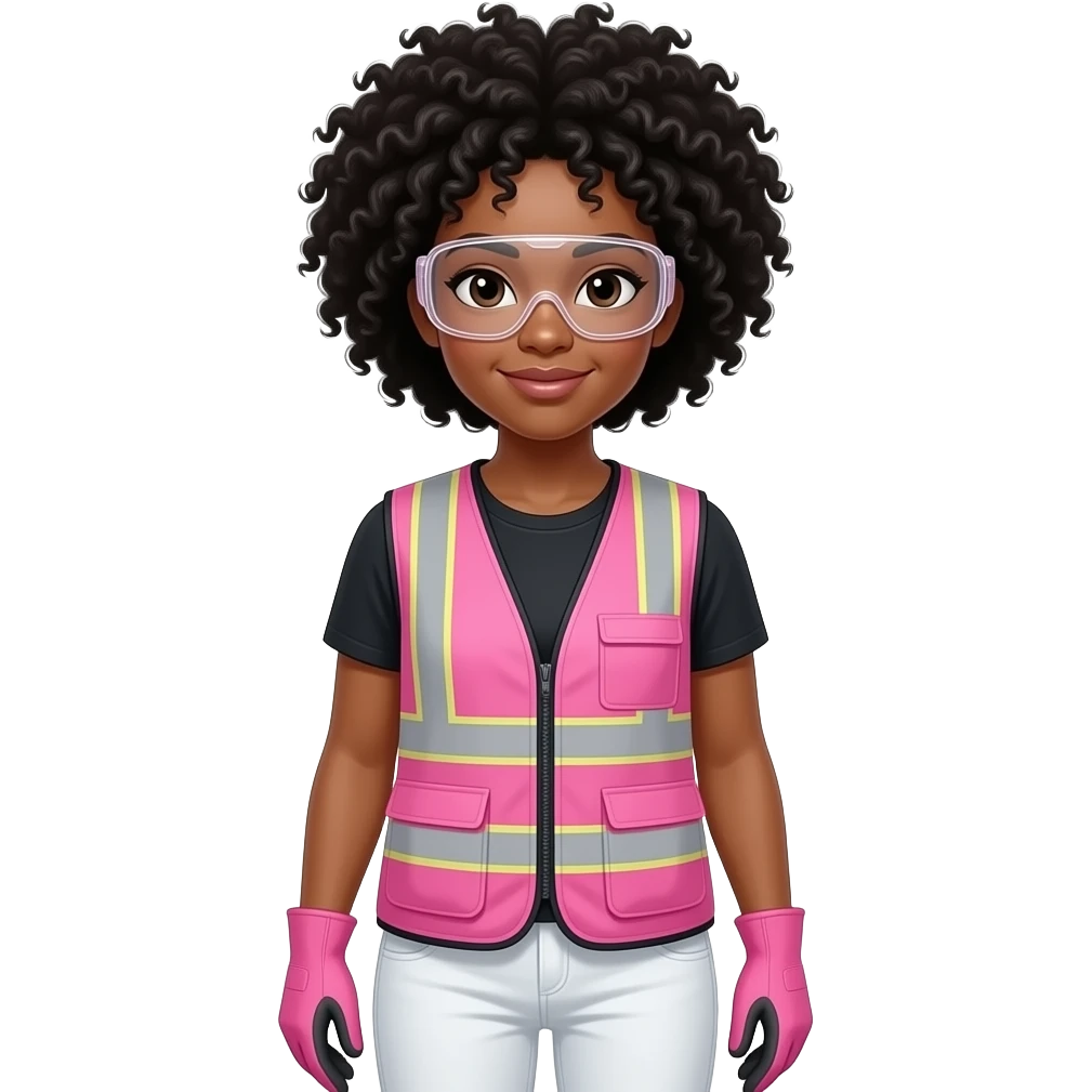 Fair skin tone woman with black curly fro hairstyle wearing pink and clear safety glasses wearing a pink construction vest wearing white pans wearing pink construction vest wearing white pants wearing pink construction gloves emoji