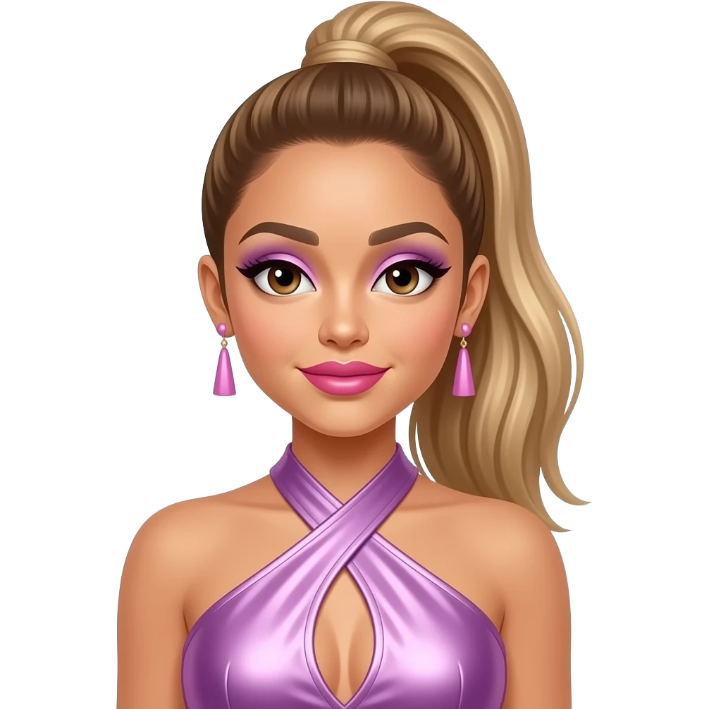 Ariana Grande with brown eyes, long golden brown high ponytail hair, lavender eyeshadow, hot pink lipstick, lavender pink metallic halter dress, pink earrings emoji