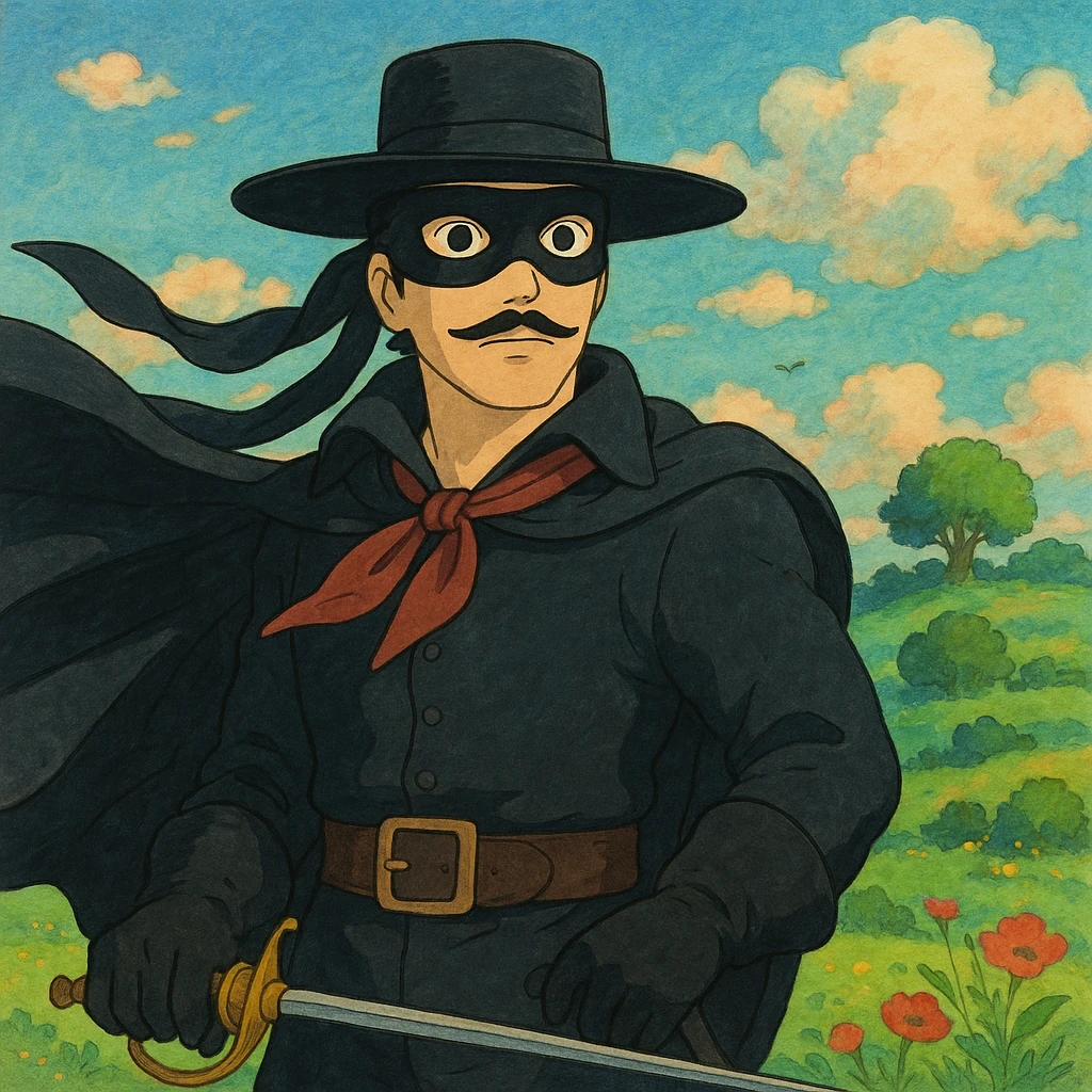 Zorro, mysterious masked figure, with a flowing cape, ghibli-inspired style emoji