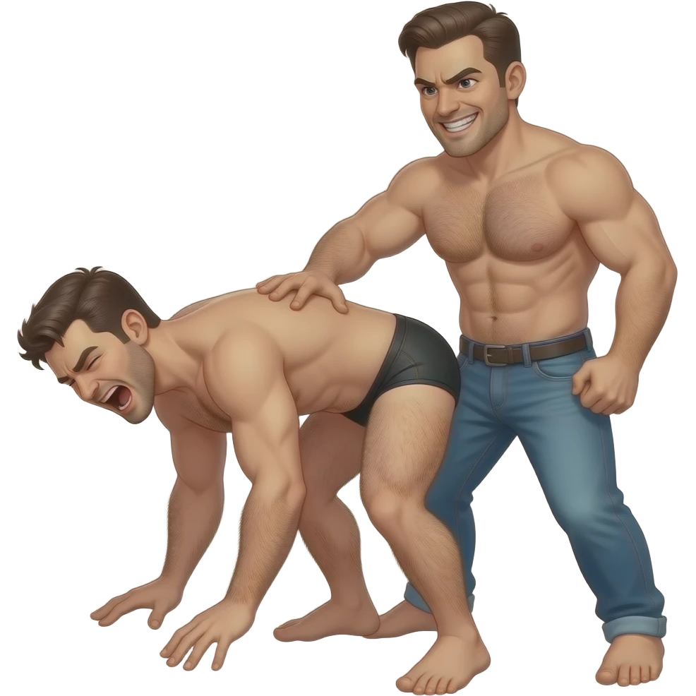 Naked hairy moaning man bending over, a stronger naked hairy angry smiling man standing behind him hitting and fucking him emoji