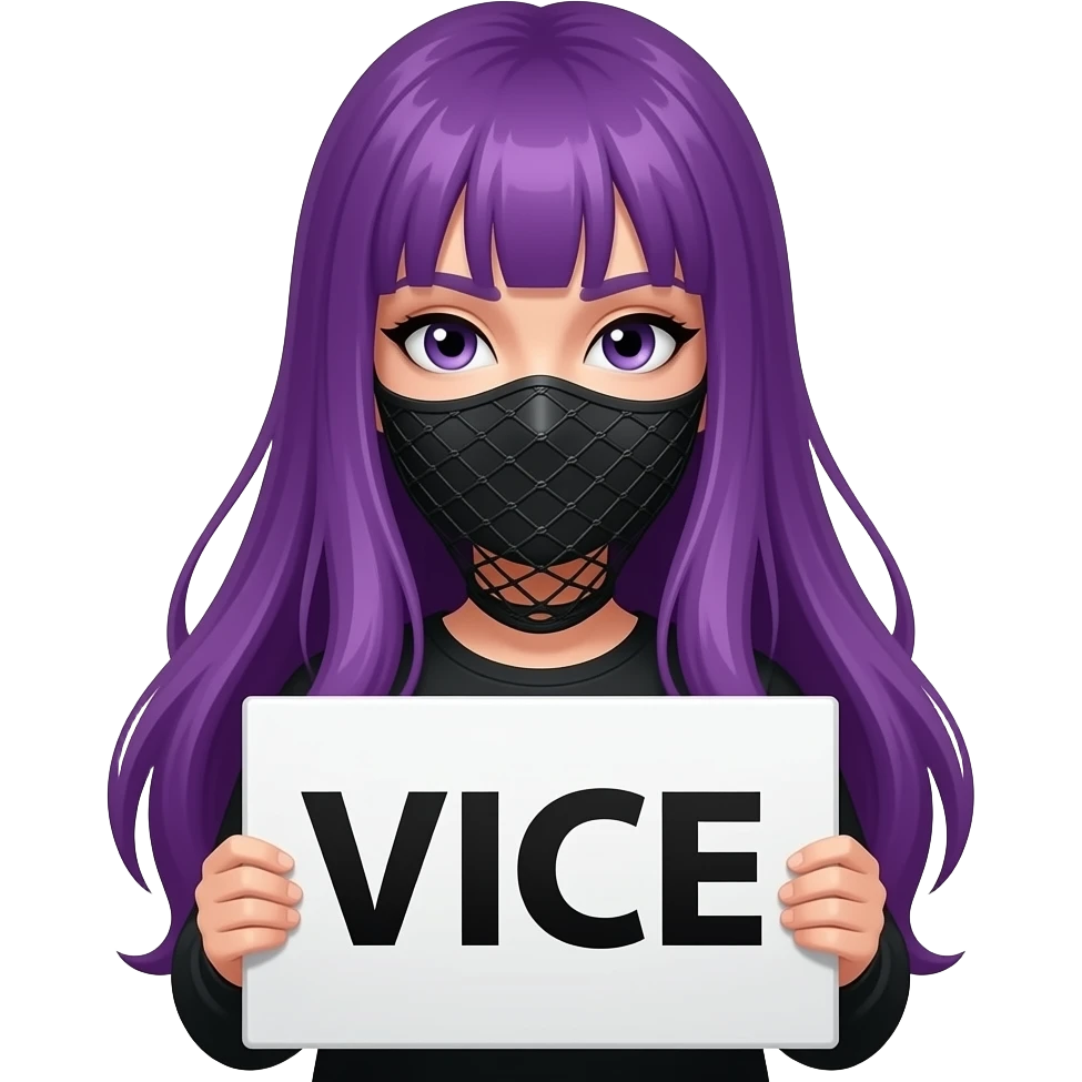 girl with long purple hair with a MASKTOK VEILED.VICE sign emoji