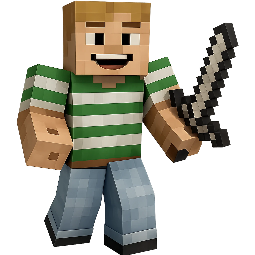 Edit the Minecraft character in the green striped shirt to have a happy, wide smile facial expression. Keep the pose, outfit, and quality exactly the same. Transparent background. emoji