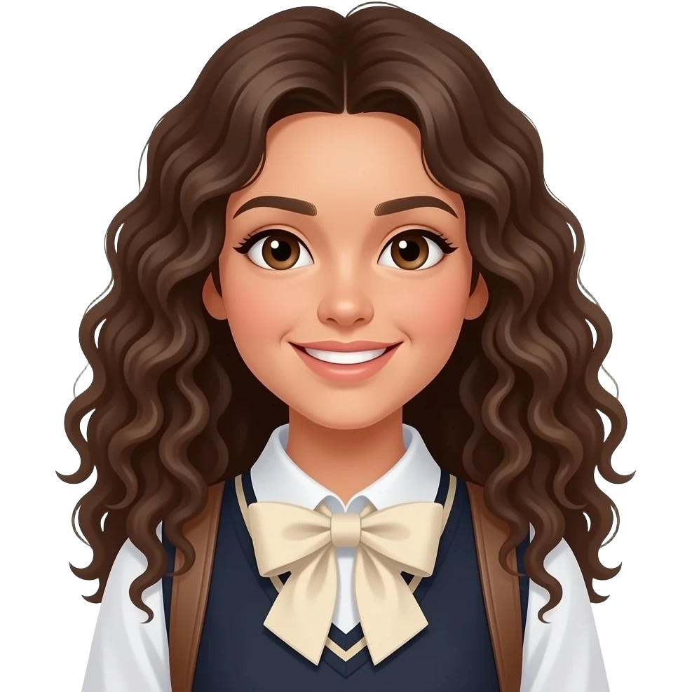 A female student with long, naturally curled hair and a bright, melting smile, adorned with a minimalist white or beige bow. emoji