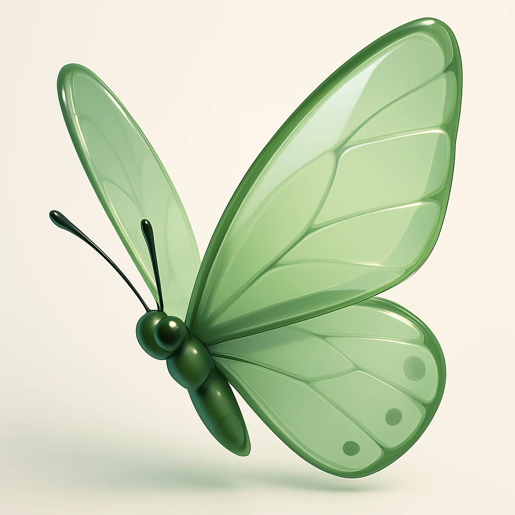 Create a variant of a green moth in 3D iOS style with transparent wings, volume, glossy shine, soft shadows, light background, modern minimalism. emoji