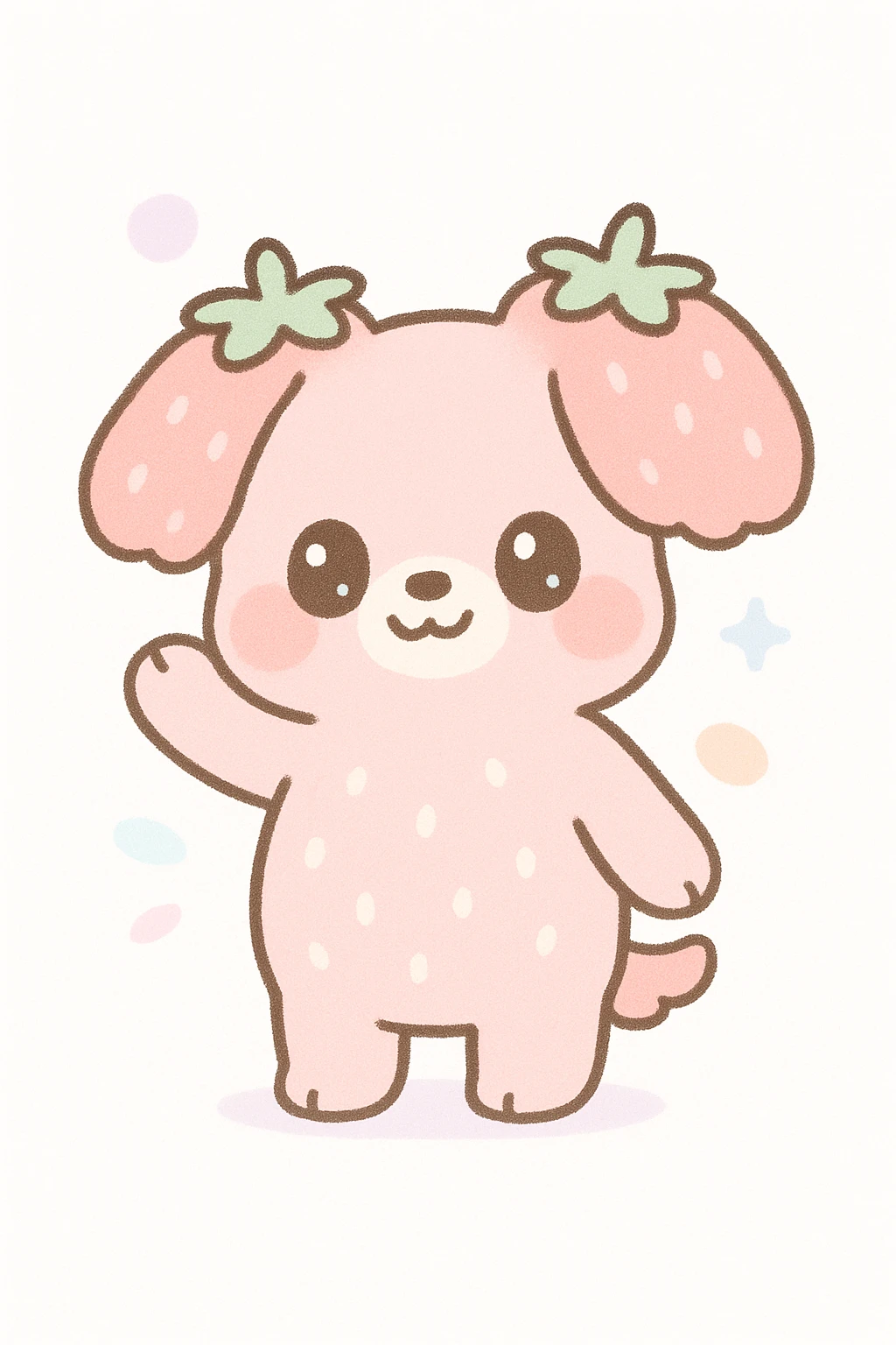 strawberry dog standing, waving, strawberry top as ears, soft and fuzzy, kawaii style emoji