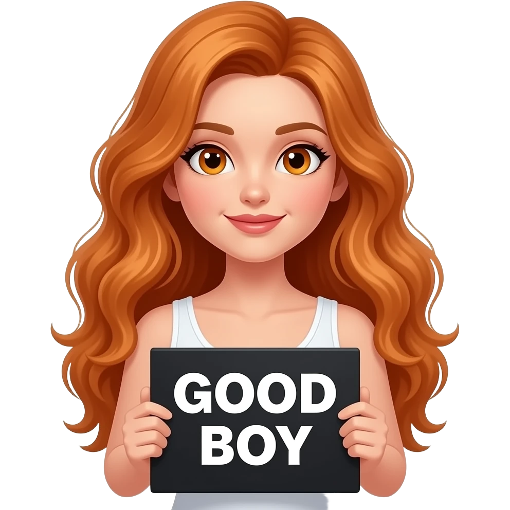 sexy girl with long wavy ginger hair and ginger eyes wearing a white tanktop is holding a black colored sign with GOOD BOY written on it emoji