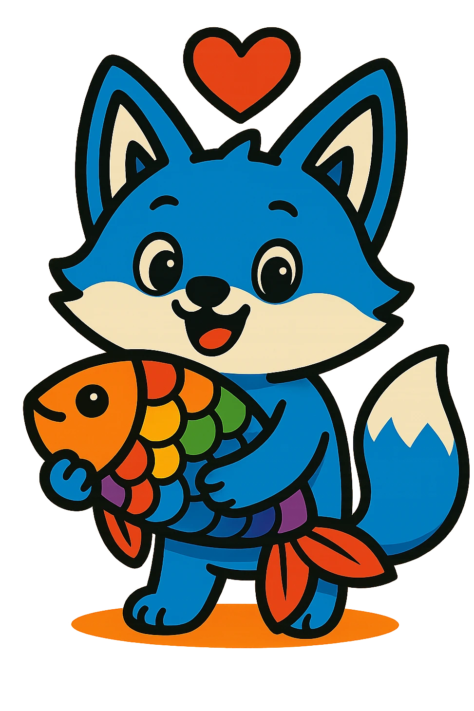Add a red heart above the blue fox and rainbow fish in vibrant toon style. emoji