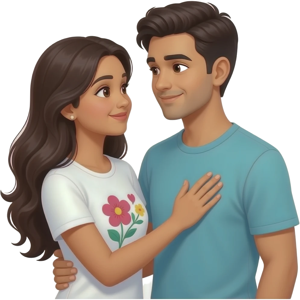 long haired Indian lady in white floral T-shirt holding her hand on boyfriend heart looking at each other lovingly emoji