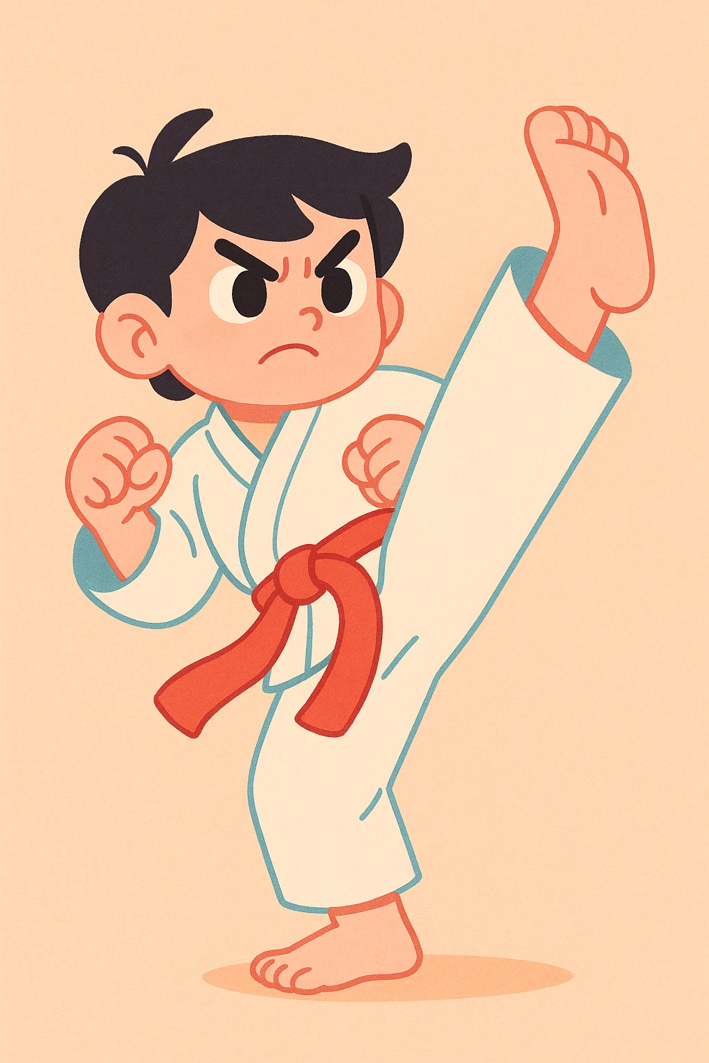 karate kid performing a high kick, red belt, determined face, dynamic action, anime style emoji