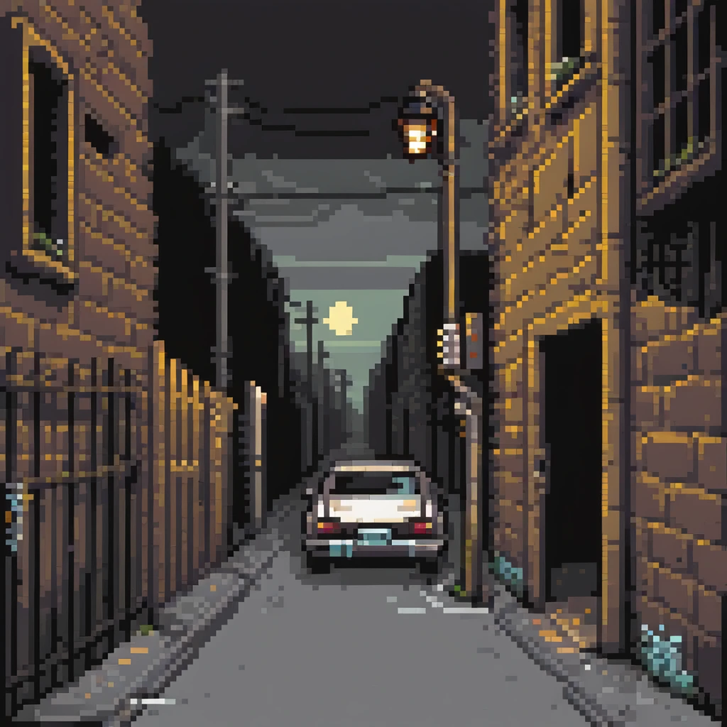 Pixel art back alley, graffiti walls, broken fence, flickering street light, abandoned car, urban decay, vertical composition, 9:16, Sega style 2D fighter background
 emoji