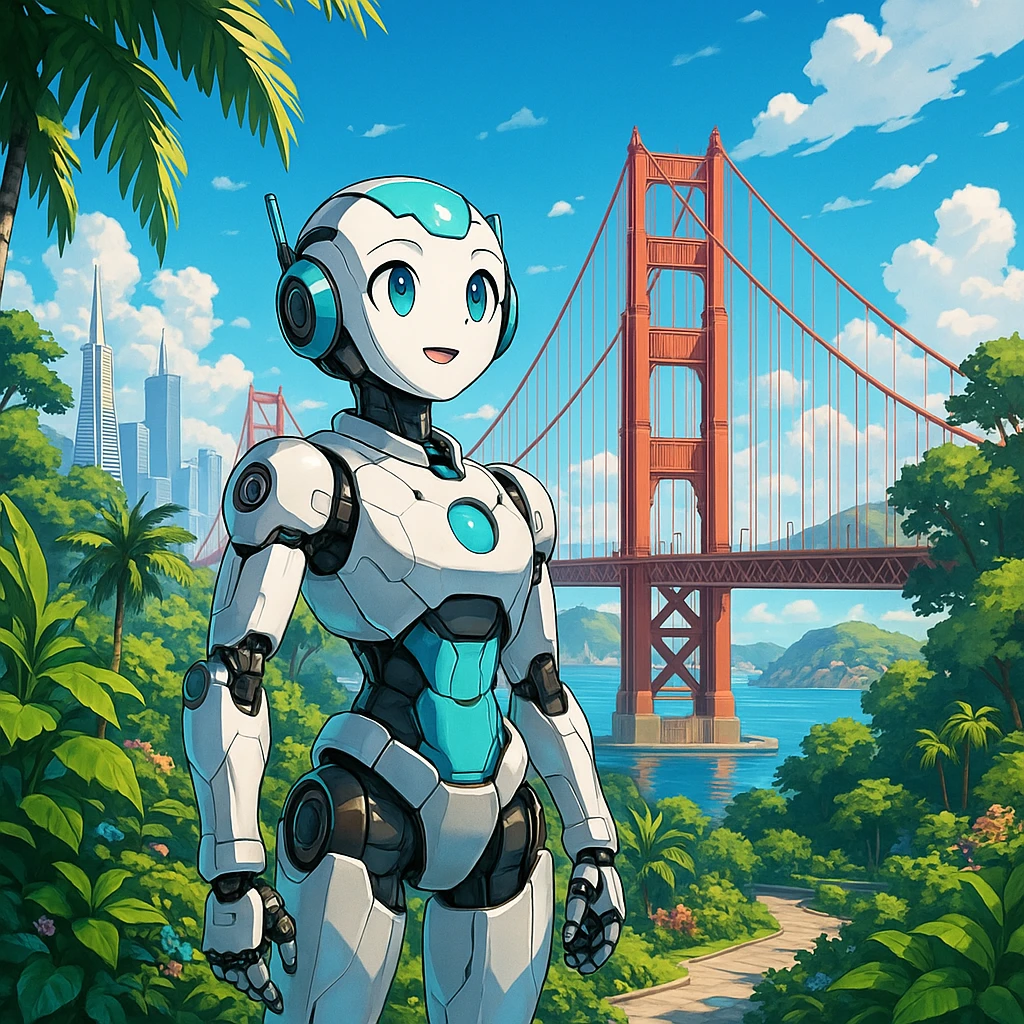 Anime-style AI robot in a futuristic San Francisco paradise, lush greenery, blue skies, hopeful atmosphere emoji