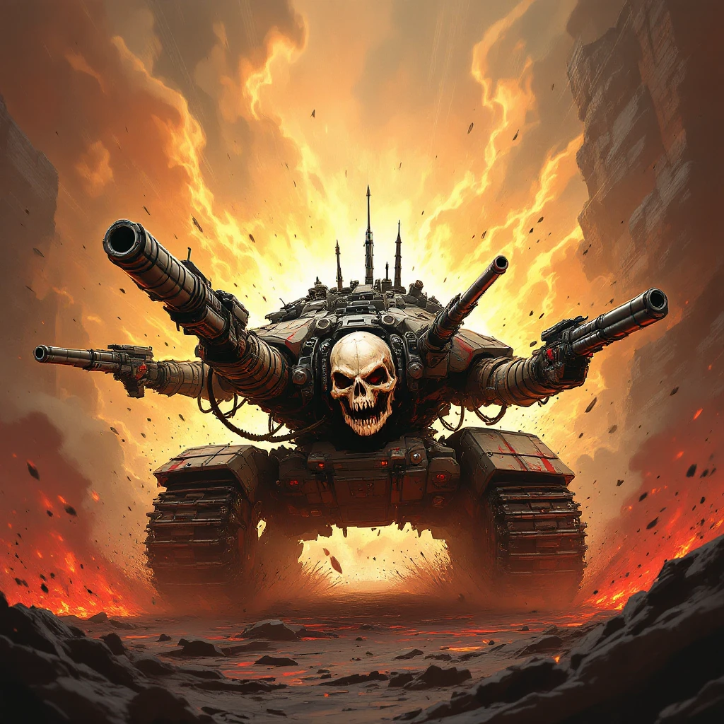 bloodthirsty skull tank charging forward, four thick arms, bristling with guns, cannon, missile rack, dynamic and aggressive emoji