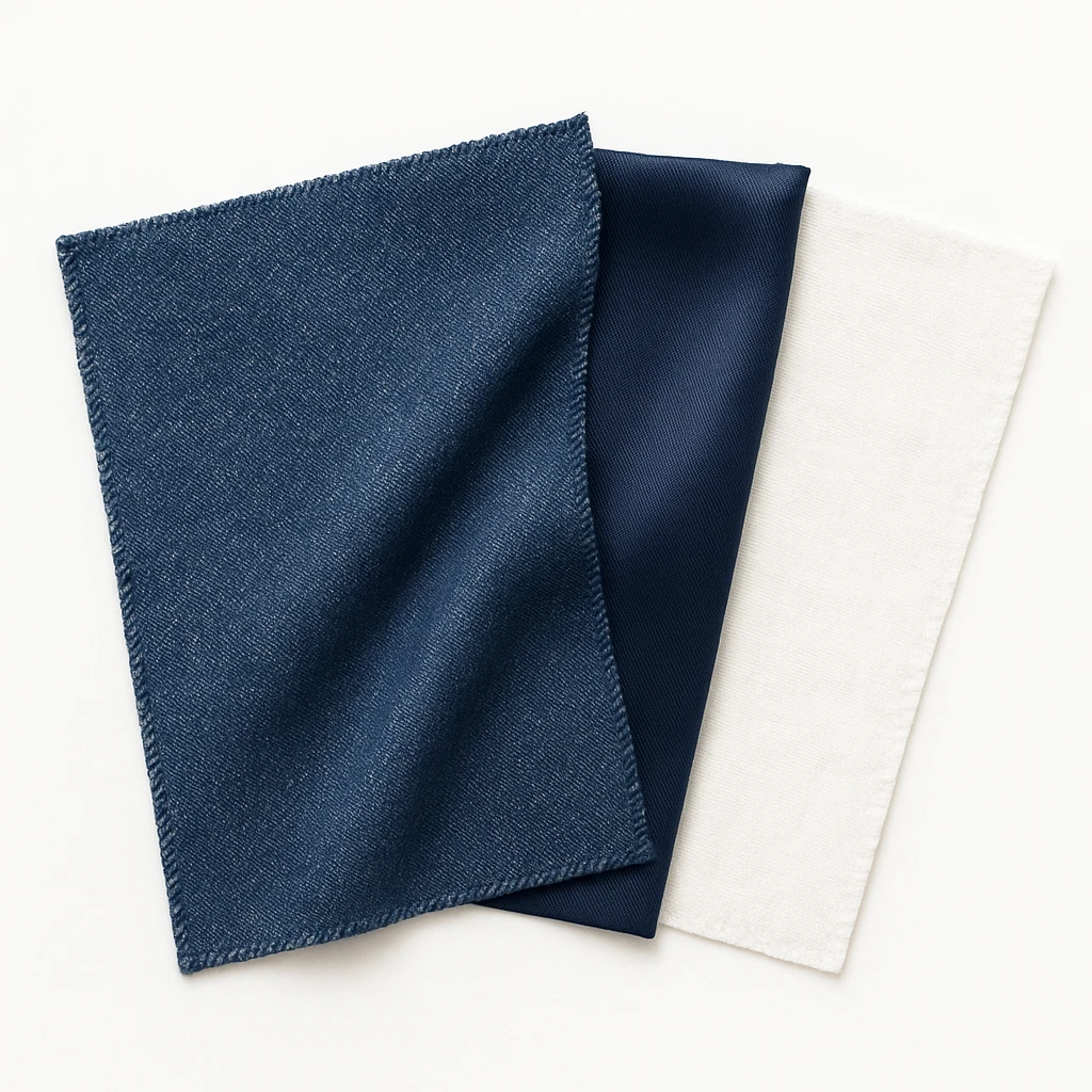 Сгенерируй мне аккуратный, но не квадратный, кусок джинсовой ткани, на чисто белом фоне. И чтобы было три разных ткани, допусти одна джинсовая, вторая шелк, третия хлопок. И они рядом с друг другом, как карты, веером

 emoji