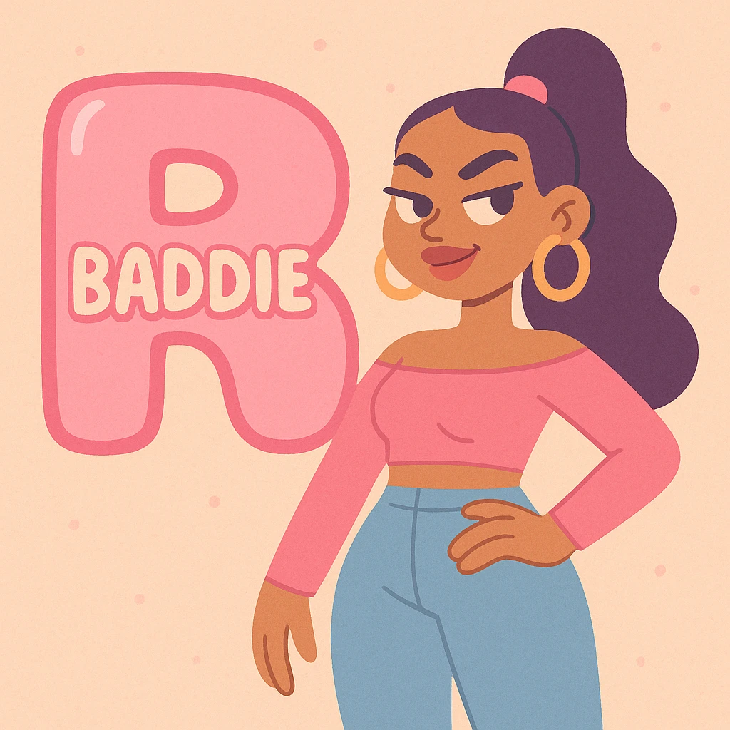 pink bubble letter R with 'baddie' written on it, soft pastel illustration style emoji