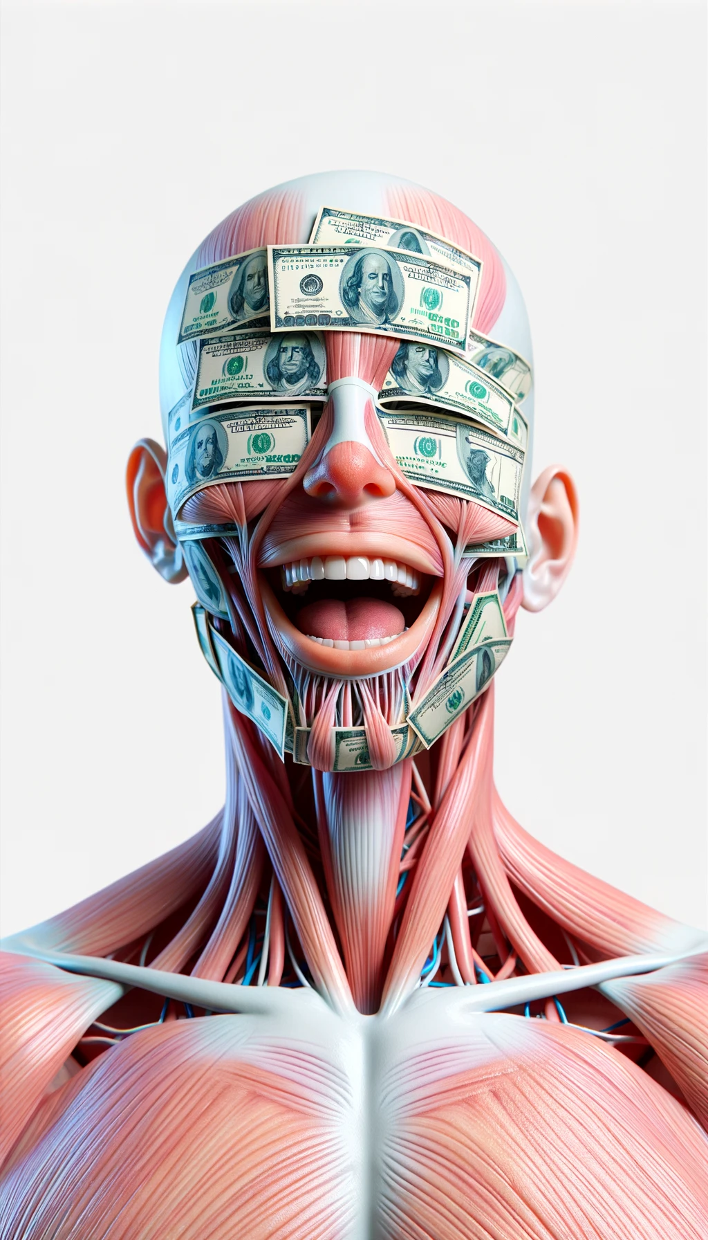 corpo umano anatomico sereno e felice con una montagna di banconote davanti al viso, espressione stupita, iperrealistica 4k, isolato su sfondo bianco emoji