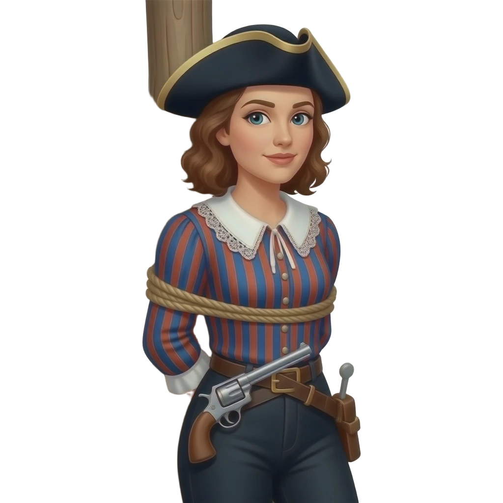 American Revolution Era brunette woman in period clothing tied to a post in the style of The Highwayman poem illustration. emoji