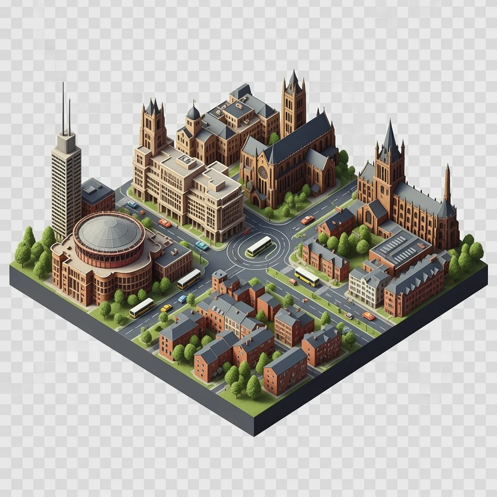 Isometric illustration-model of Birmingham, balanced between stylized and realistic, 3D miniature effect, transparent background. emoji