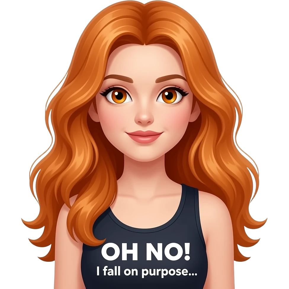 sexy girl with overlong ginger hair and ginger eyes a top with OH NO! I fall on purpose... written on it emoji